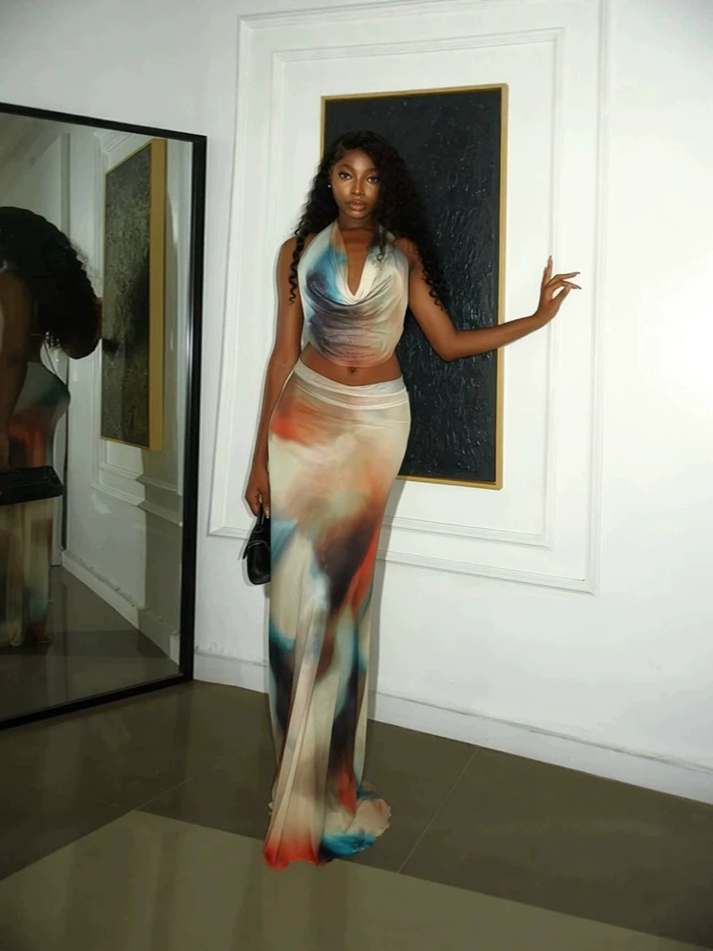 ZARA Sexy Cowl Neck Sleeveless Backless Bodycon Skirt Set Casual Two Piece